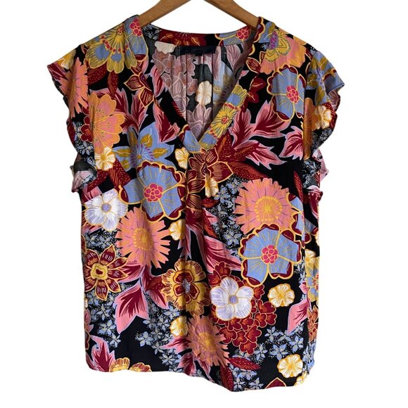 Rachel Roy Black Floral V-Neck Short Sleeve Top Size 1X Rayon - Picture 1 of 6